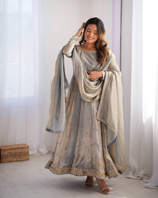 Elegant Fandy Silk Gown with Sequin Embroidery, Micro Pant and Matching Dupatta - Jaipuri Vastra