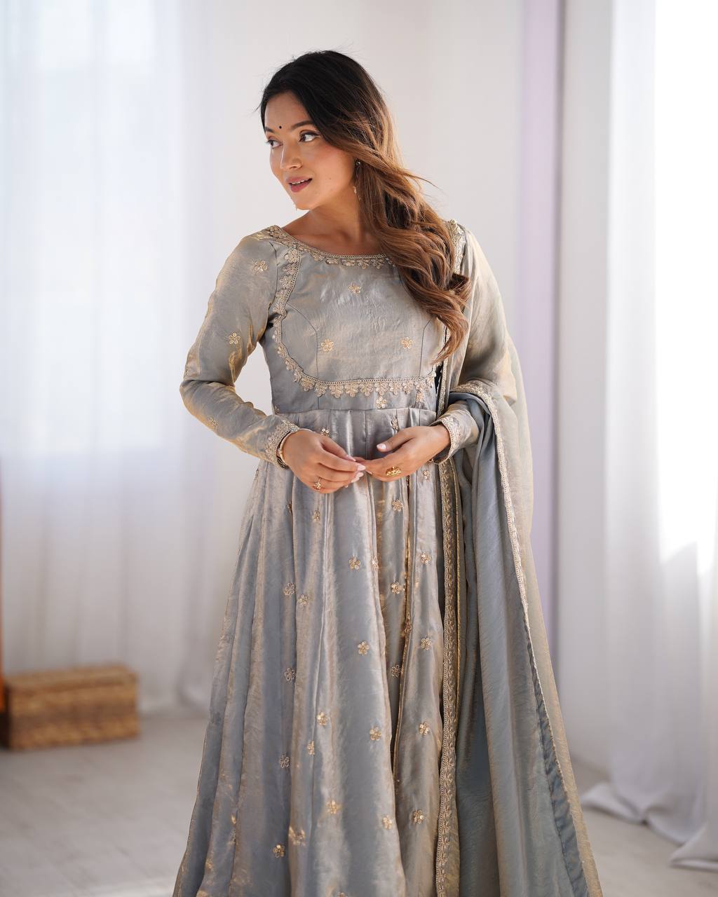 Elegant Fandy Silk Gown with Sequin Embroidery, Micro Pant and Matching Dupatta - Jaipuri Vastra