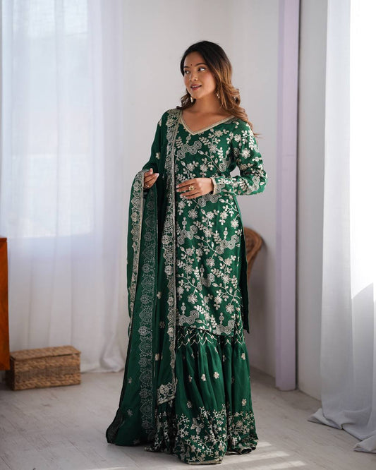Chinon Silk Thread and Sequin Work Sharara Set with Micro Inner and Dupatta - Jaipuri Vastra