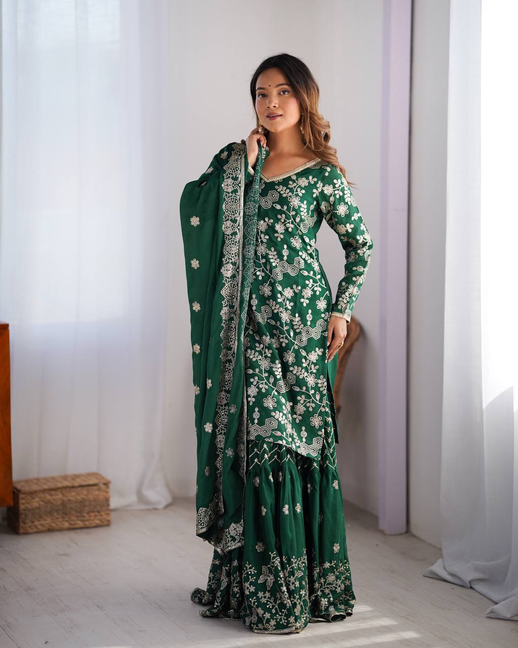 Chinon Silk Thread and Sequin Work Sharara Set with Micro Inner and Dupatta - Jaipuri Vastra