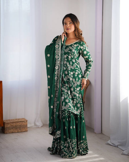 Chinon Silk Thread and Sequin Work Sharara Set with Micro Inner and Dupatta - Jaipuri Vastra