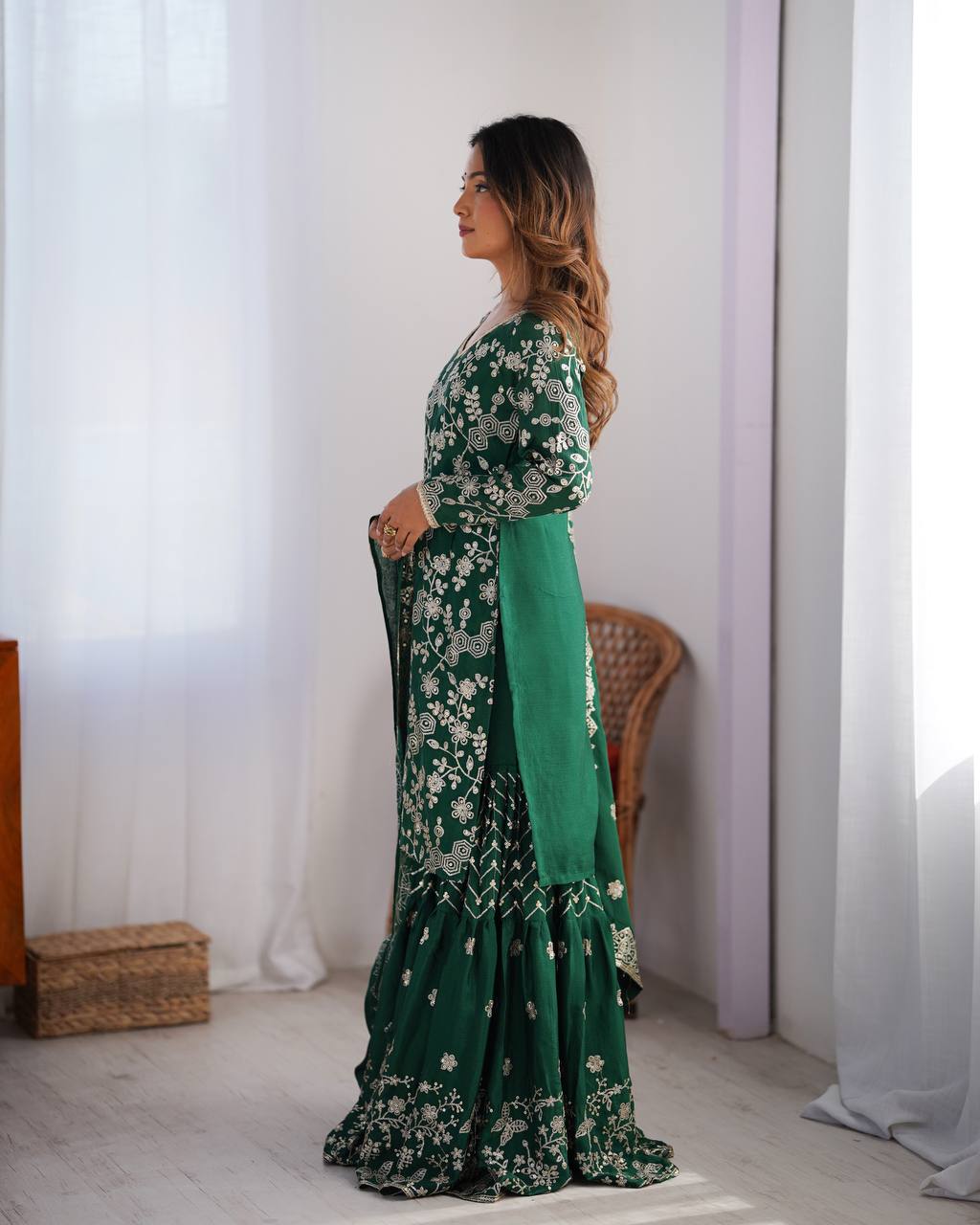 Chinon Silk Thread and Sequin Work Sharara Set with Micro Inner and Dupatta - Jaipuri Vastra