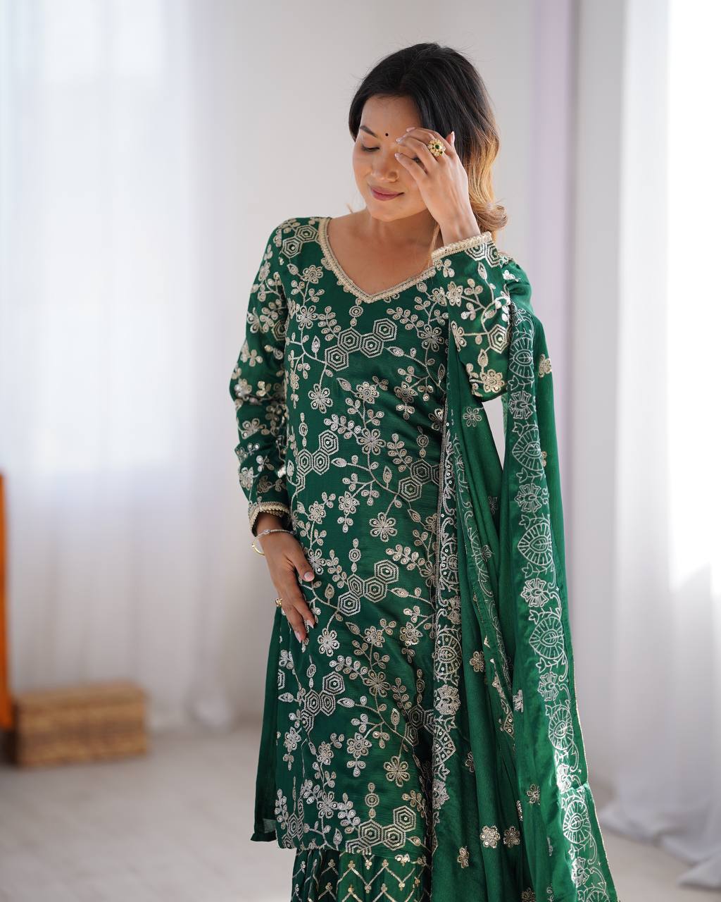 Chinon Silk Thread and Sequin Work Sharara Set with Micro Inner and Dupatta - Jaipuri Vastra