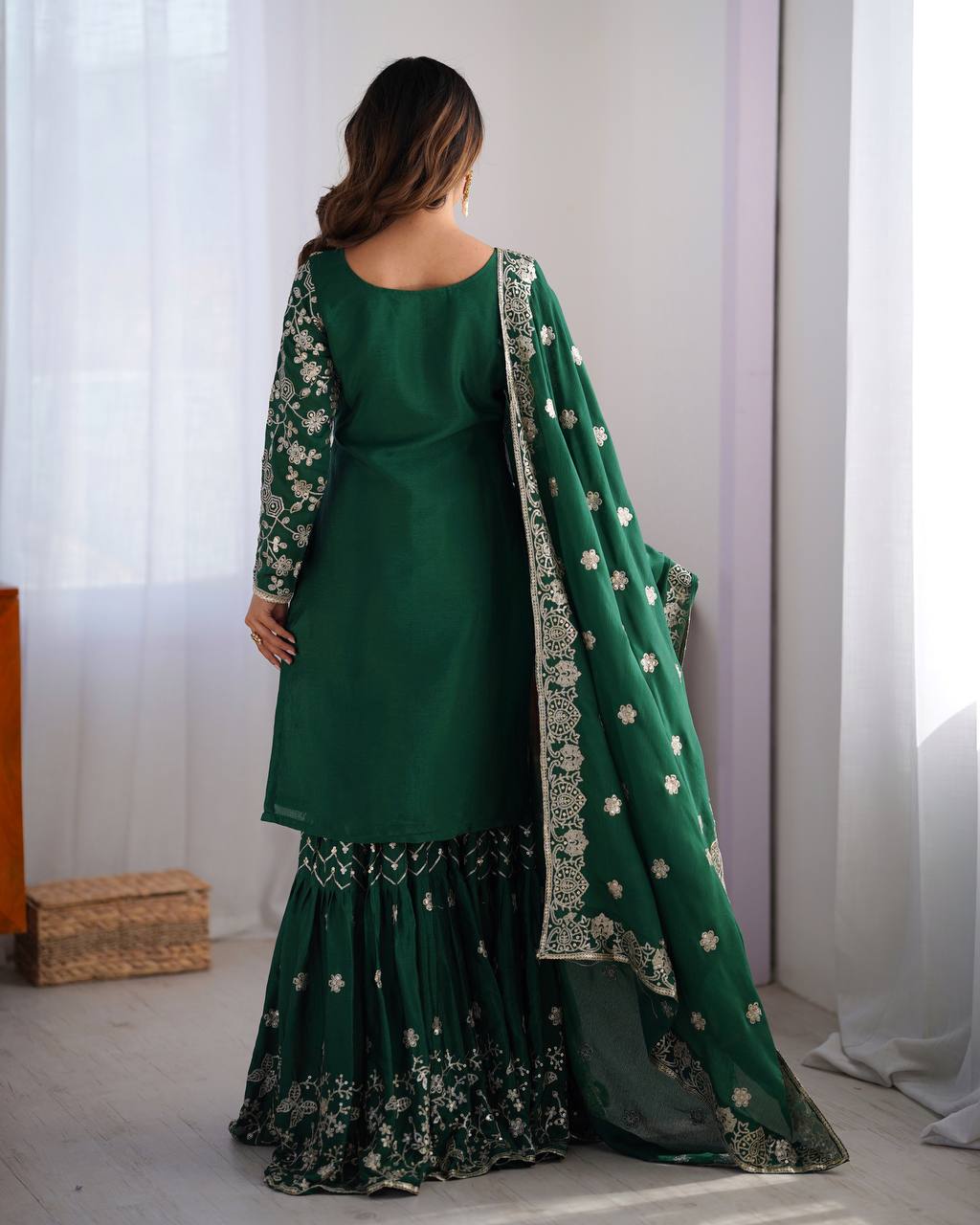 Chinon Silk Thread and Sequin Work Sharara Set with Micro Inner and Dupatta - Jaipuri Vastra