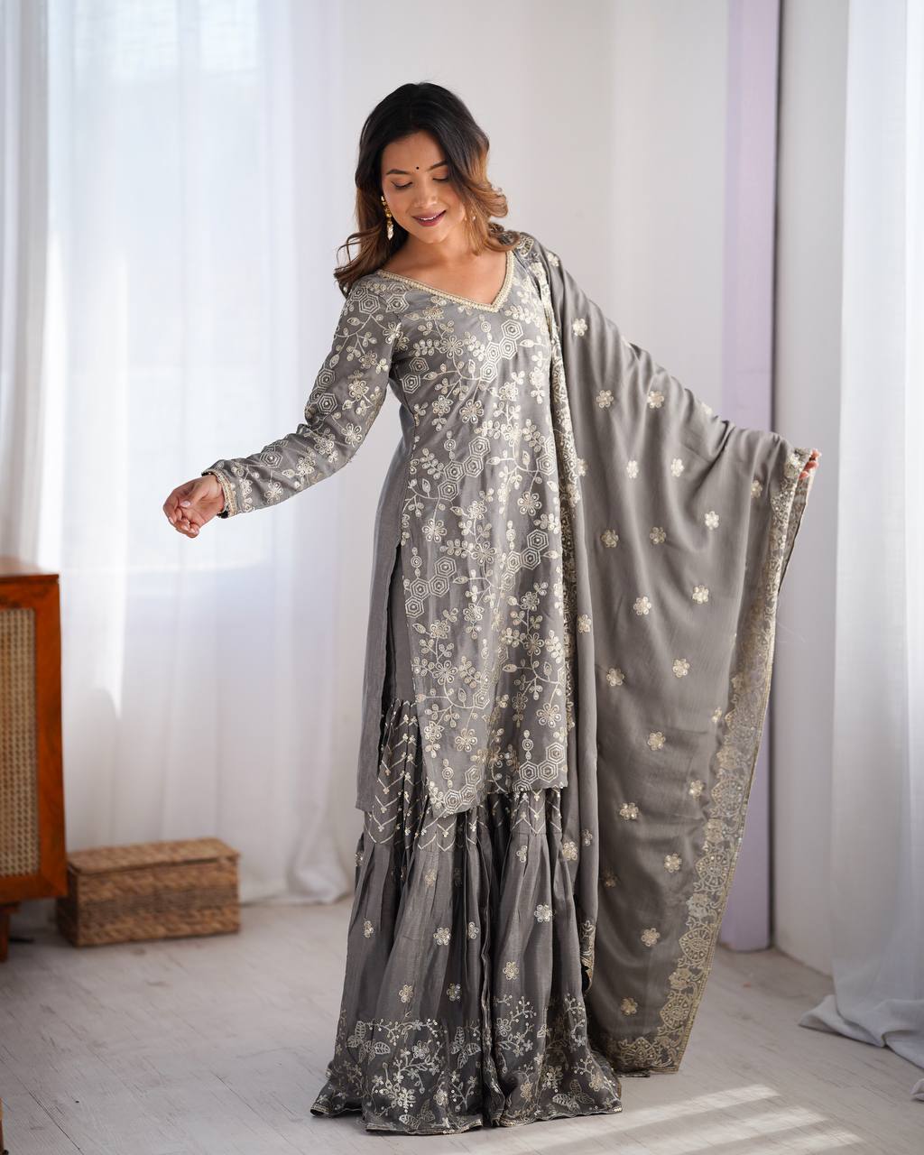 Chinon Silk Thread and Sequin Work Sharara Set with Micro Inner and Dupatta - Jaipuri Vastra