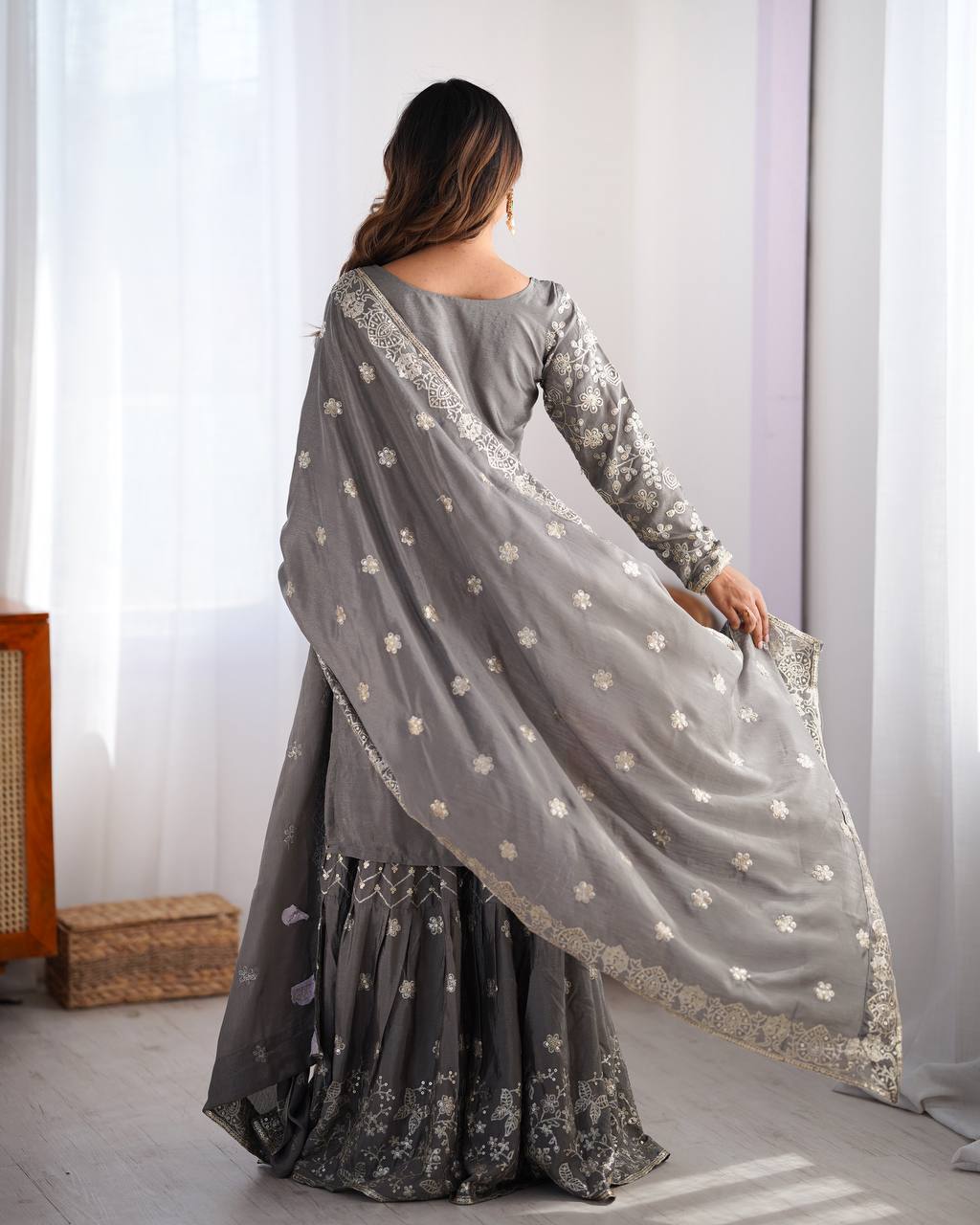 Chinon Silk Thread and Sequin Work Sharara Set with Micro Inner and Dupatta - Jaipuri Vastra