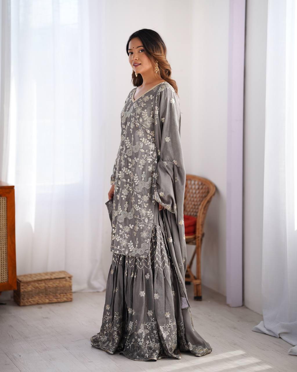 Chinon Silk Thread and Sequin Work Sharara Set with Micro Inner and Dupatta - Jaipuri Vastra