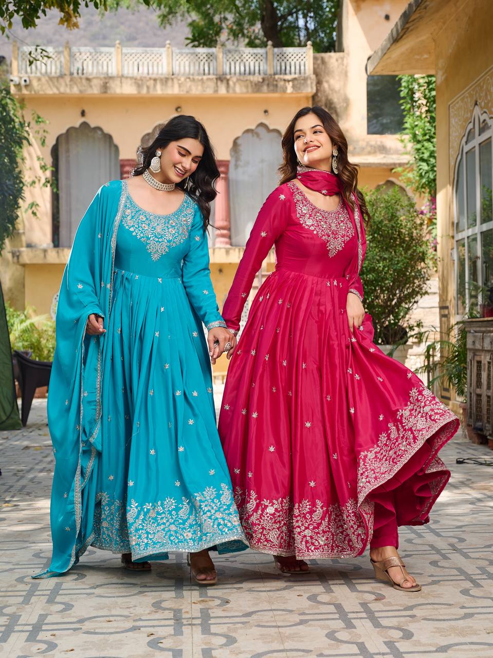 Premium American Silk Embroidered Gown with Plain Pant and Thread Work Dupatta - Jaipuri Vastra