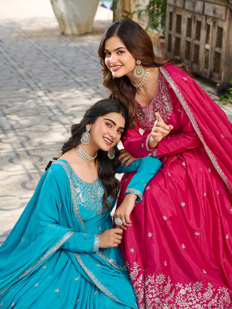 Premium American Silk Embroidered Gown with Plain Pant and Thread Work Dupatta - Jaipuri Vastra