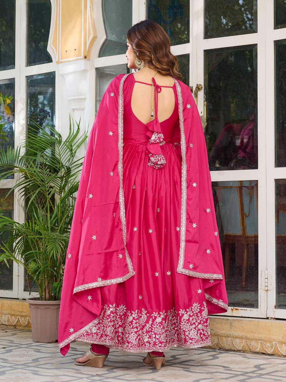Premium American Silk Embroidered Gown with Plain Pant and Thread Work Dupatta - Jaipuri Vastra