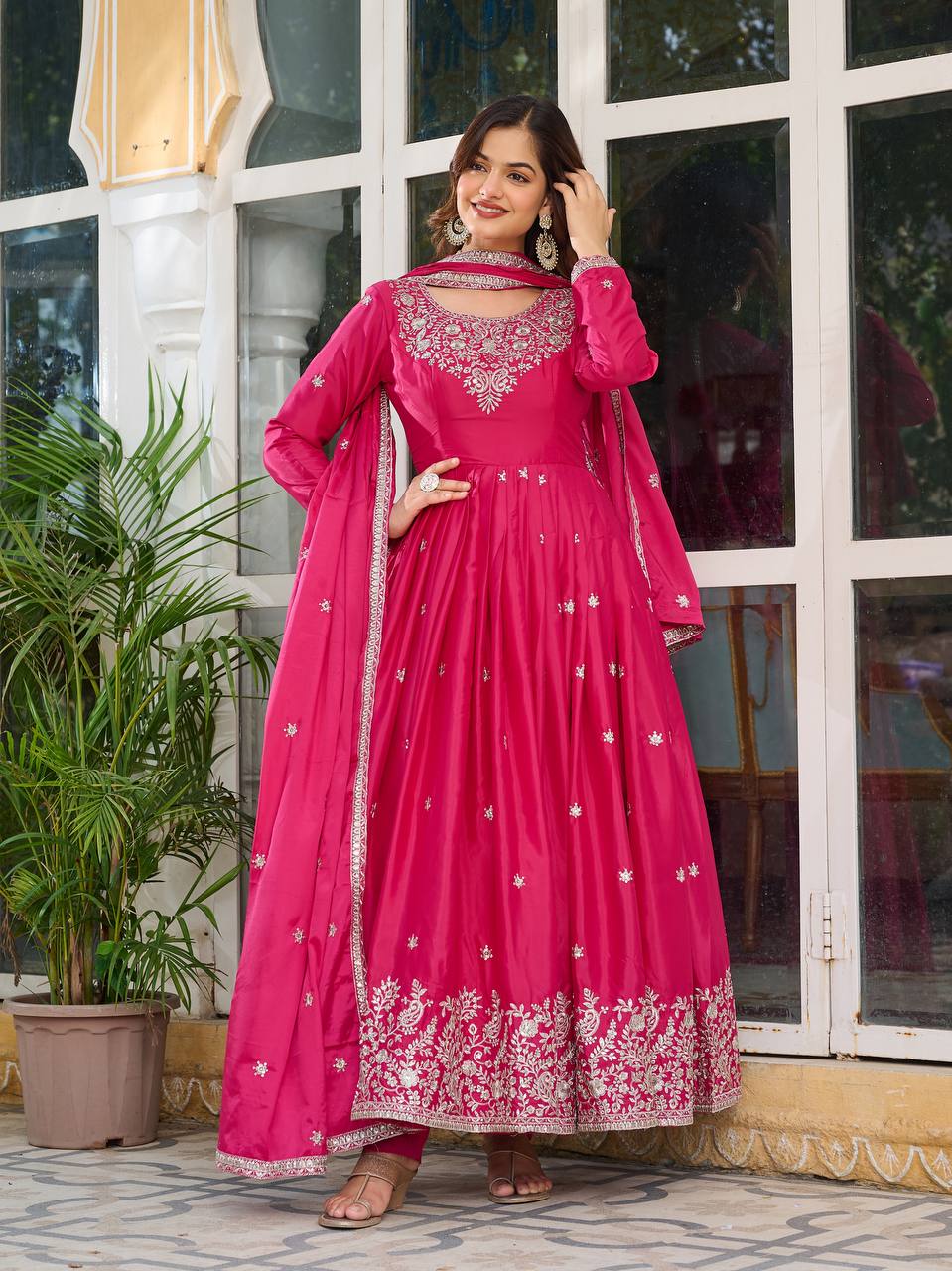 Premium American Silk Embroidered Gown with Plain Pant and Thread Work Dupatta - Jaipuri Vastra
