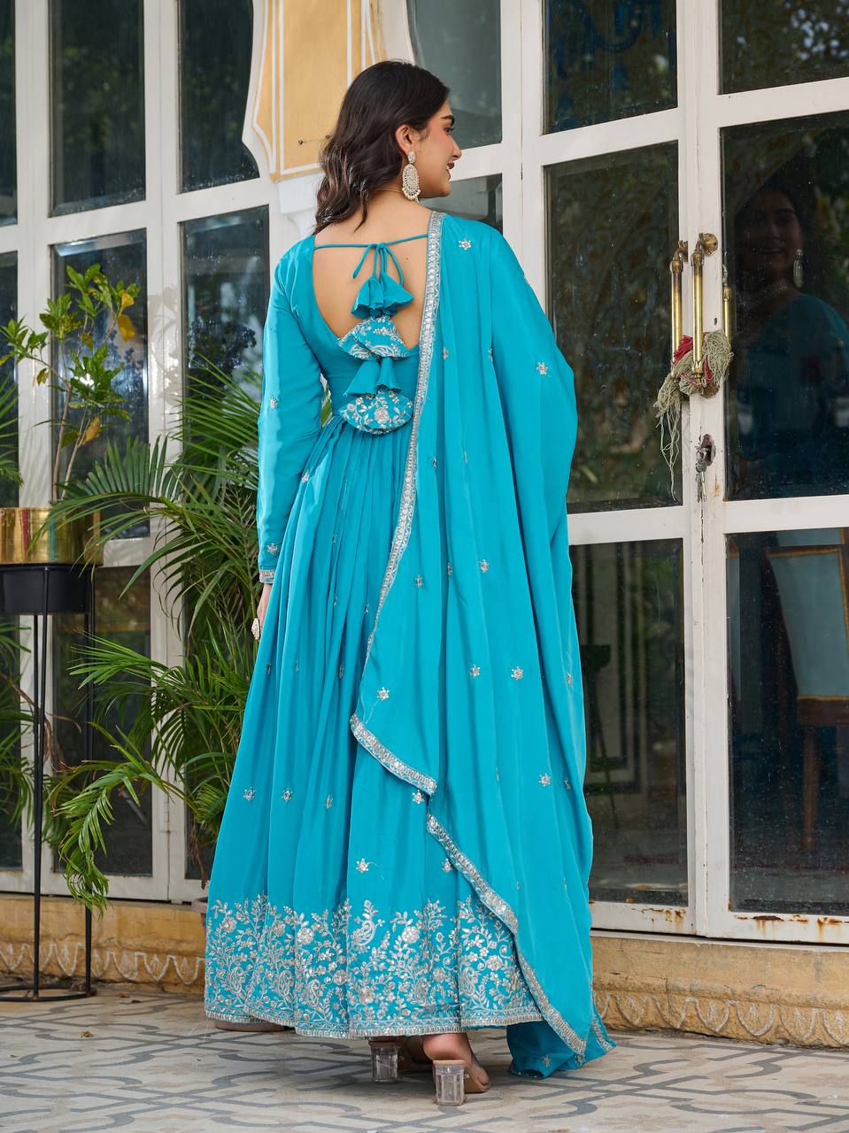 Premium American Silk Embroidered Gown with Plain Pant and Thread Work Dupatta - Jaipuri Vastra