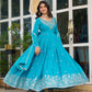 Premium American Silk Embroidered Gown with Plain Pant and Thread Work Dupatta - Jaipuri Vastra