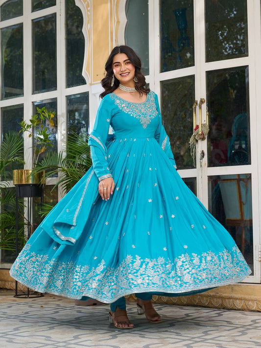 Premium American Silk Embroidered Gown with Plain Pant and Thread Work Dupatta - Jaipuri Vastra