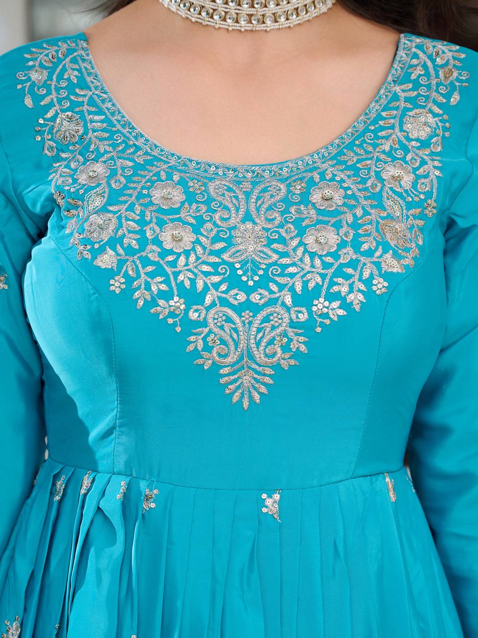 Premium American Silk Embroidered Gown with Plain Pant and Thread Work Dupatta - Jaipuri Vastra