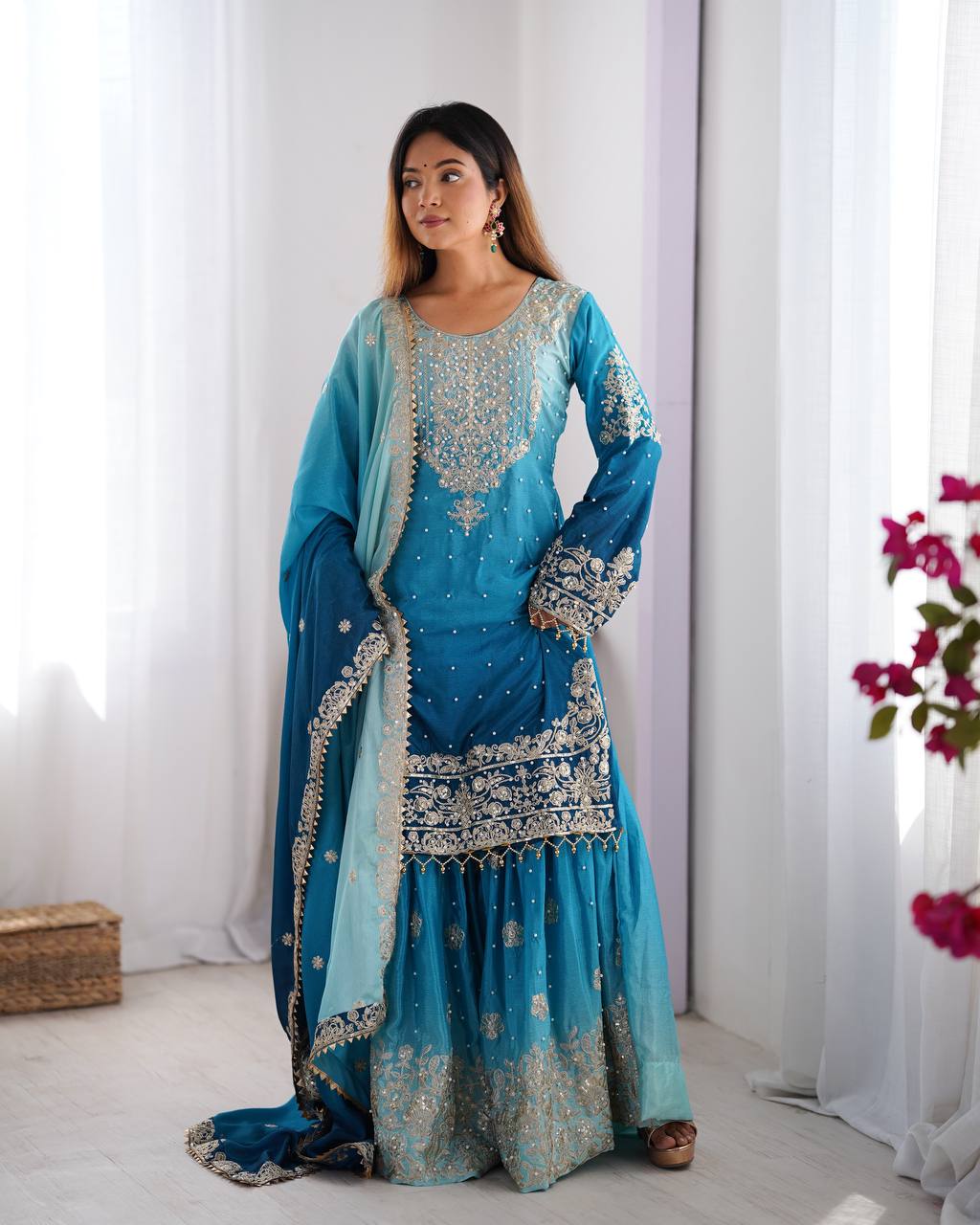 Elegant Chinon Silk Top with Coding Dori Sequin and Rivet Moti Work Plazzo Suit - Jaipuri Vastra