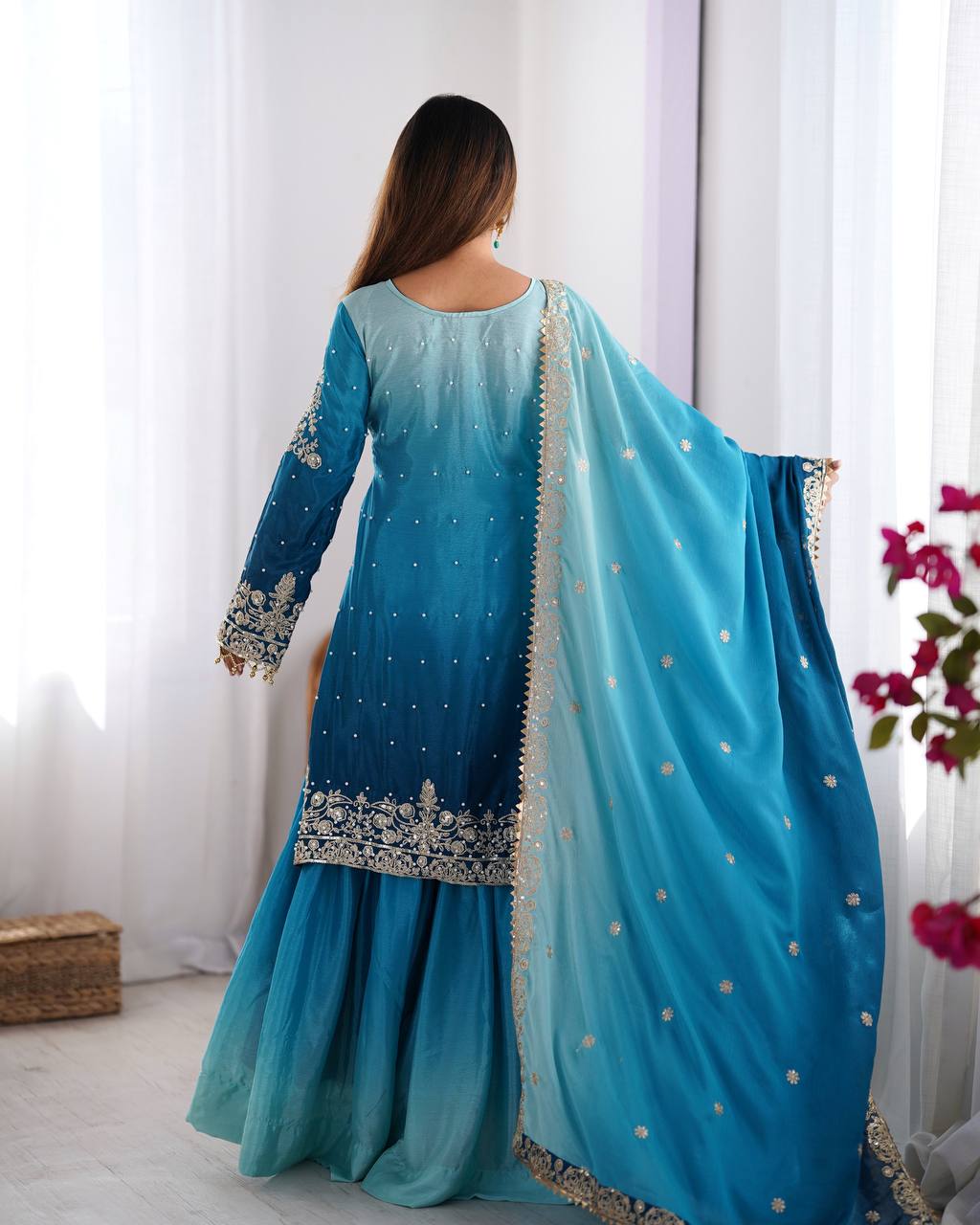 Elegant Chinon Silk Top with Coding Dori Sequin and Rivet Moti Work Plazzo Suit - Jaipuri Vastra