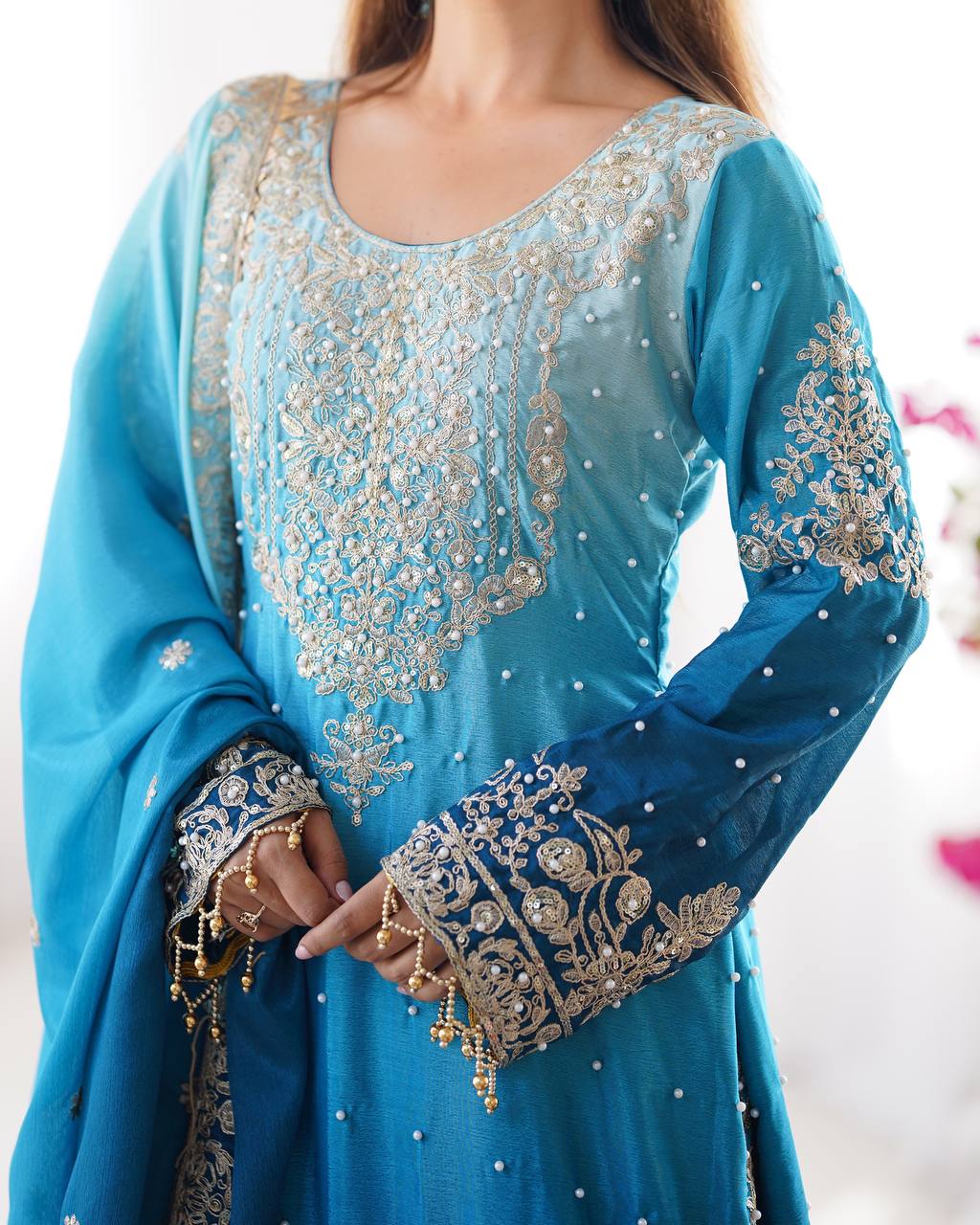 Elegant Chinon Silk Top with Coding Dori Sequin and Rivet Moti Work Plazzo Suit - Jaipuri Vastra