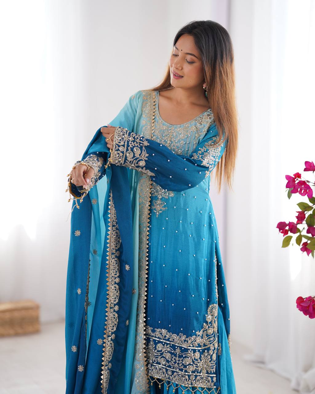 Elegant Chinon Silk Top with Coding Dori Sequin and Rivet Moti Work Plazzo Suit - Jaipuri Vastra