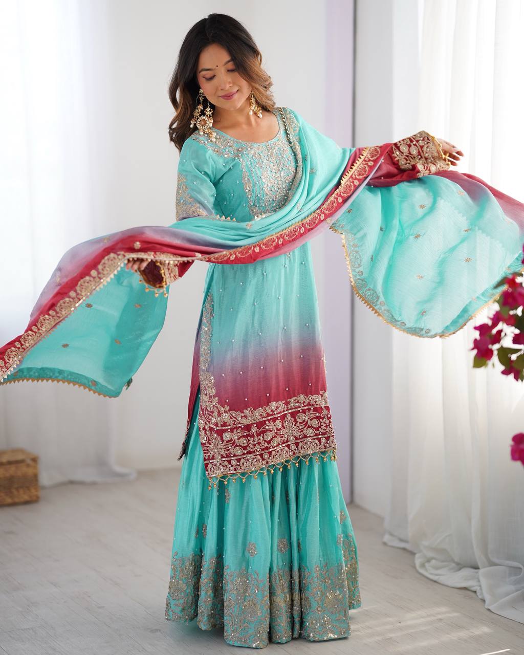 Elegant Chinon Silk Top with Coding Dori Sequin and Rivet Moti Work Plazzo Suit - Jaipuri Vastra