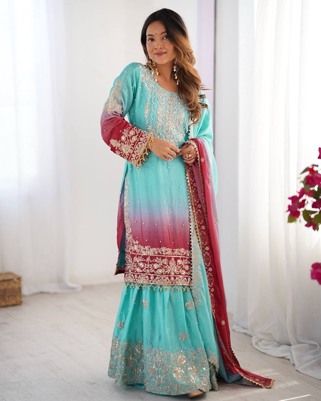 Elegant Chinon Silk Top with Coding Dori Sequin and Rivet Moti Work Plazzo Suit - Jaipuri Vastra