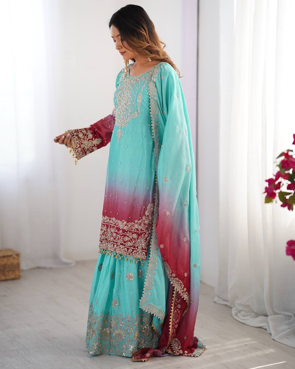 Elegant Chinon Silk Top with Coding Dori Sequin and Rivet Moti Work Plazzo Suit - Jaipuri Vastra