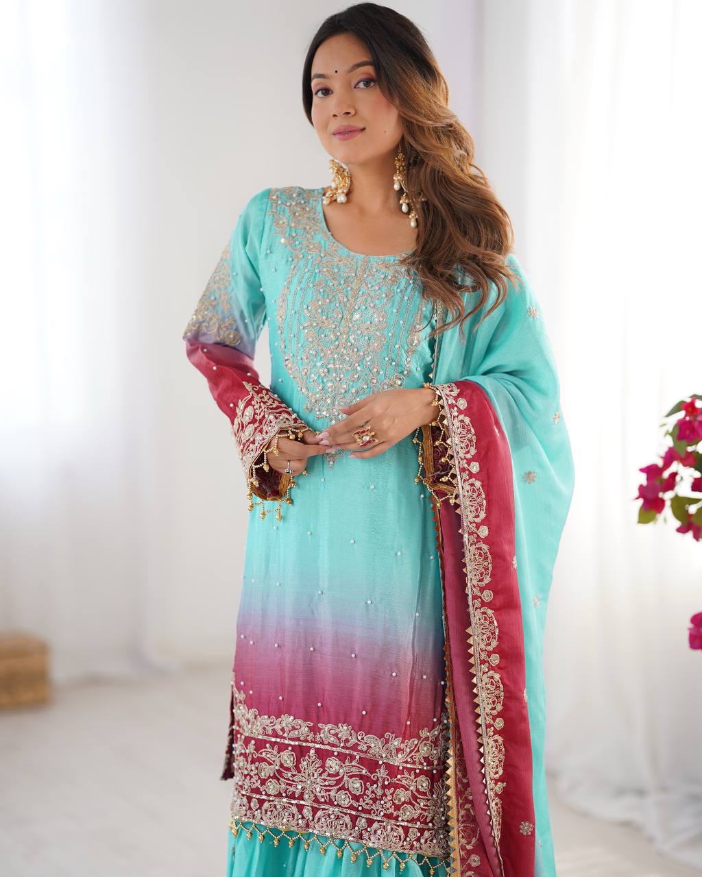 Elegant Chinon Silk Top with Coding Dori Sequin and Rivet Moti Work Plazzo Suit - Jaipuri Vastra