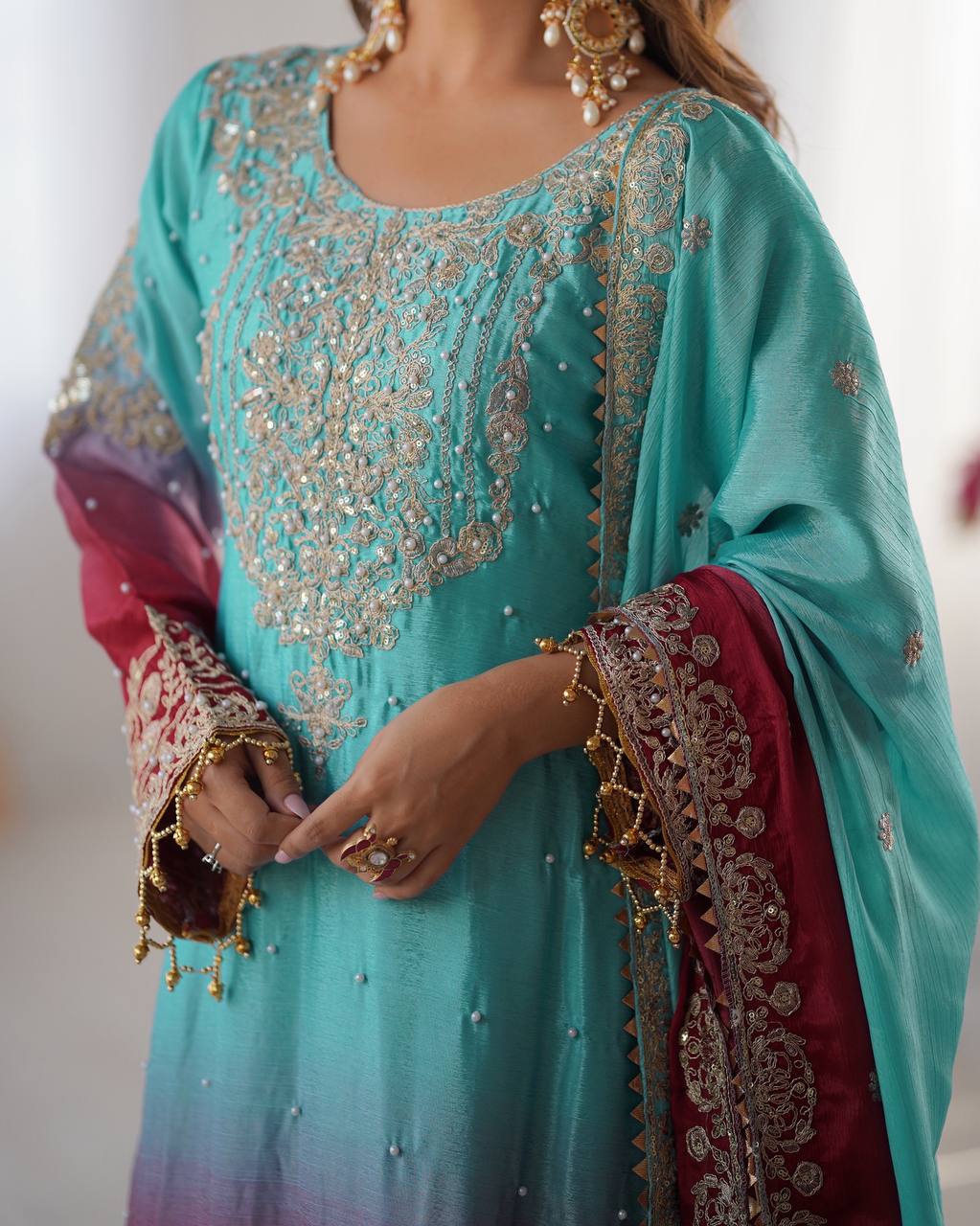 Elegant Chinon Silk Top with Coding Dori Sequin and Rivet Moti Work Plazzo Suit - Jaipuri Vastra