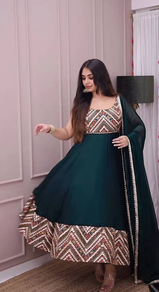 Exclusive Party Wear Georgette Gown with Embroidered Yoke & Golden Lace Dupatta