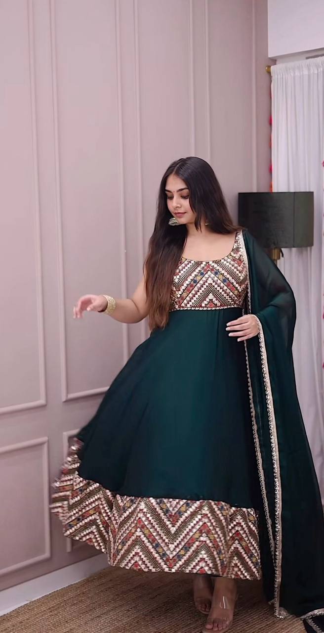 Exclusive Party Wear Georgette Gown with Embroidered Yoke & Golden Lace Dupatta