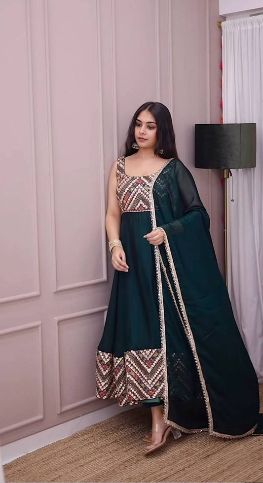 Exclusive Party Wear Georgette Gown with Embroidered Yoke & Golden Lace Dupatta