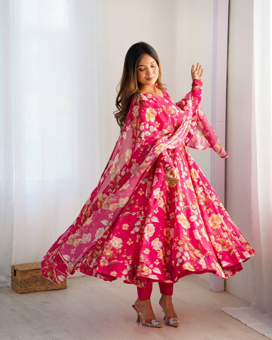 Premium Organza Silk Full-Flare Anarkali with Canvas Trim and Coordinated Dupatta & Pant - Jaipuri Vastra