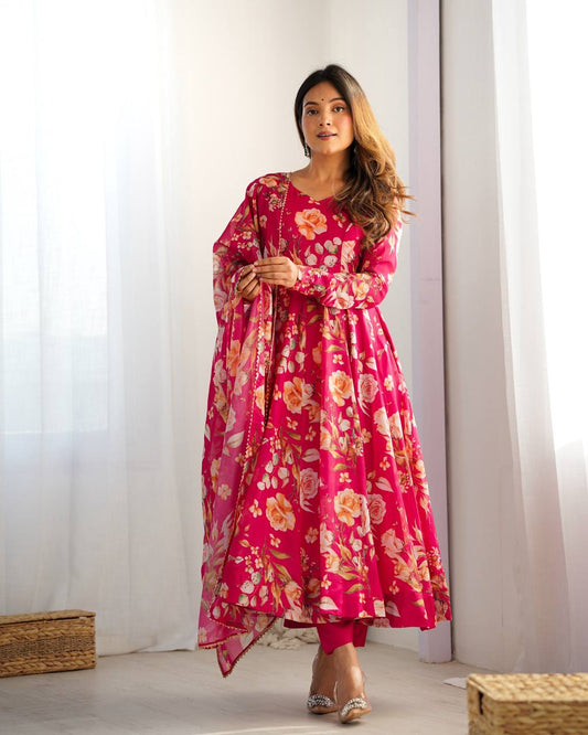 Premium Organza Silk Full-Flare Anarkali with Canvas Trim and Coordinated Dupatta & Pant - Jaipuri Vastra