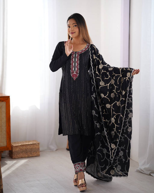Premium Chinon Silk Embroidered Top with Micro Inner, Pant, and Dupatta - Jaipuri Vastra