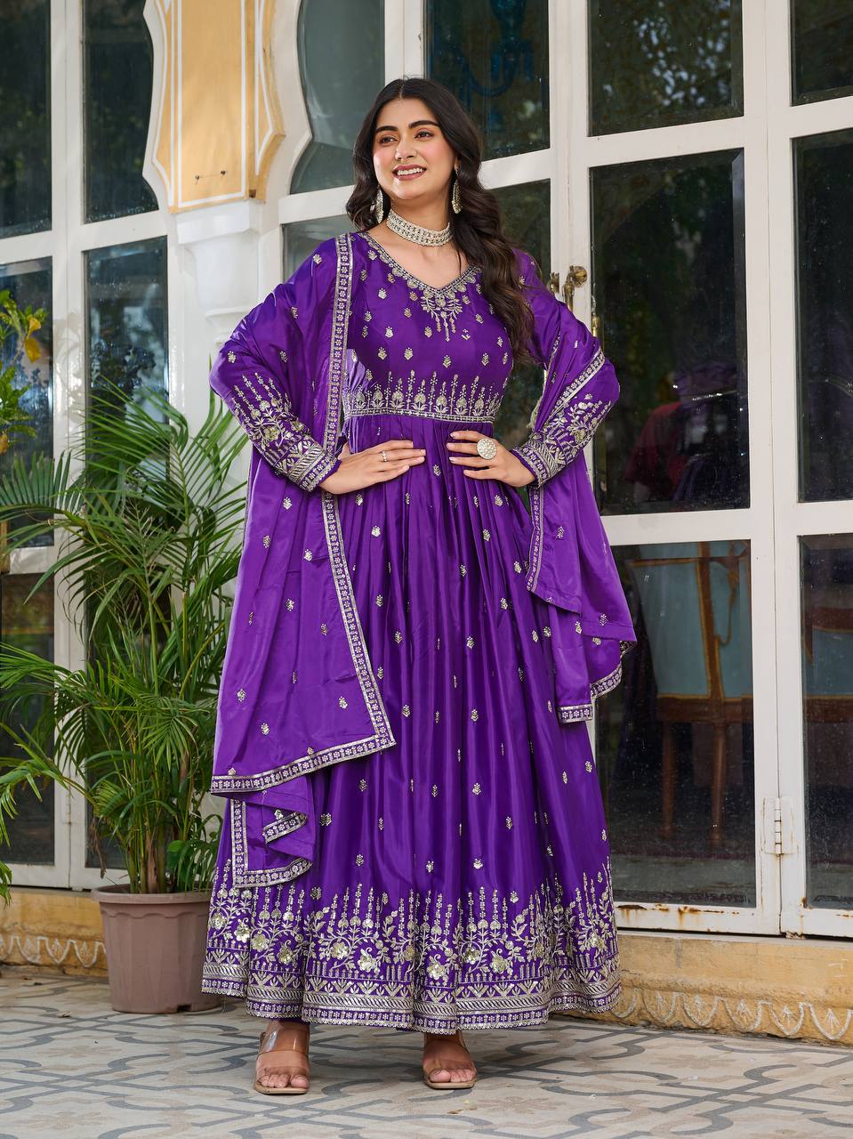 Elegant American Silk Gown with Thread and Sequin Work, Pant and Matching Dupatta - Jaipuri Vastra