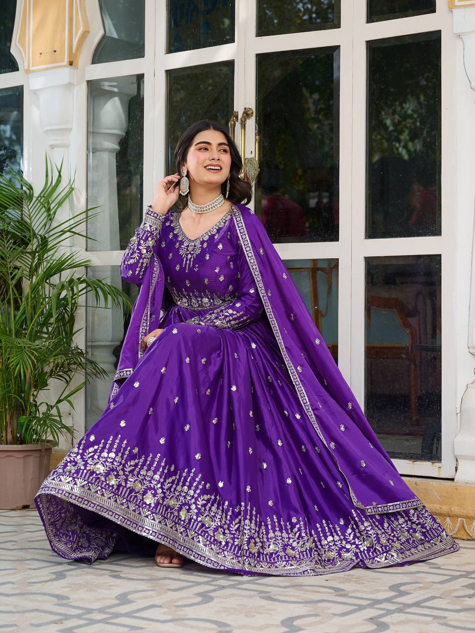 Elegant American Silk Gown with Thread and Sequin Work, Pant and Matching Dupatta - Jaipuri Vastra