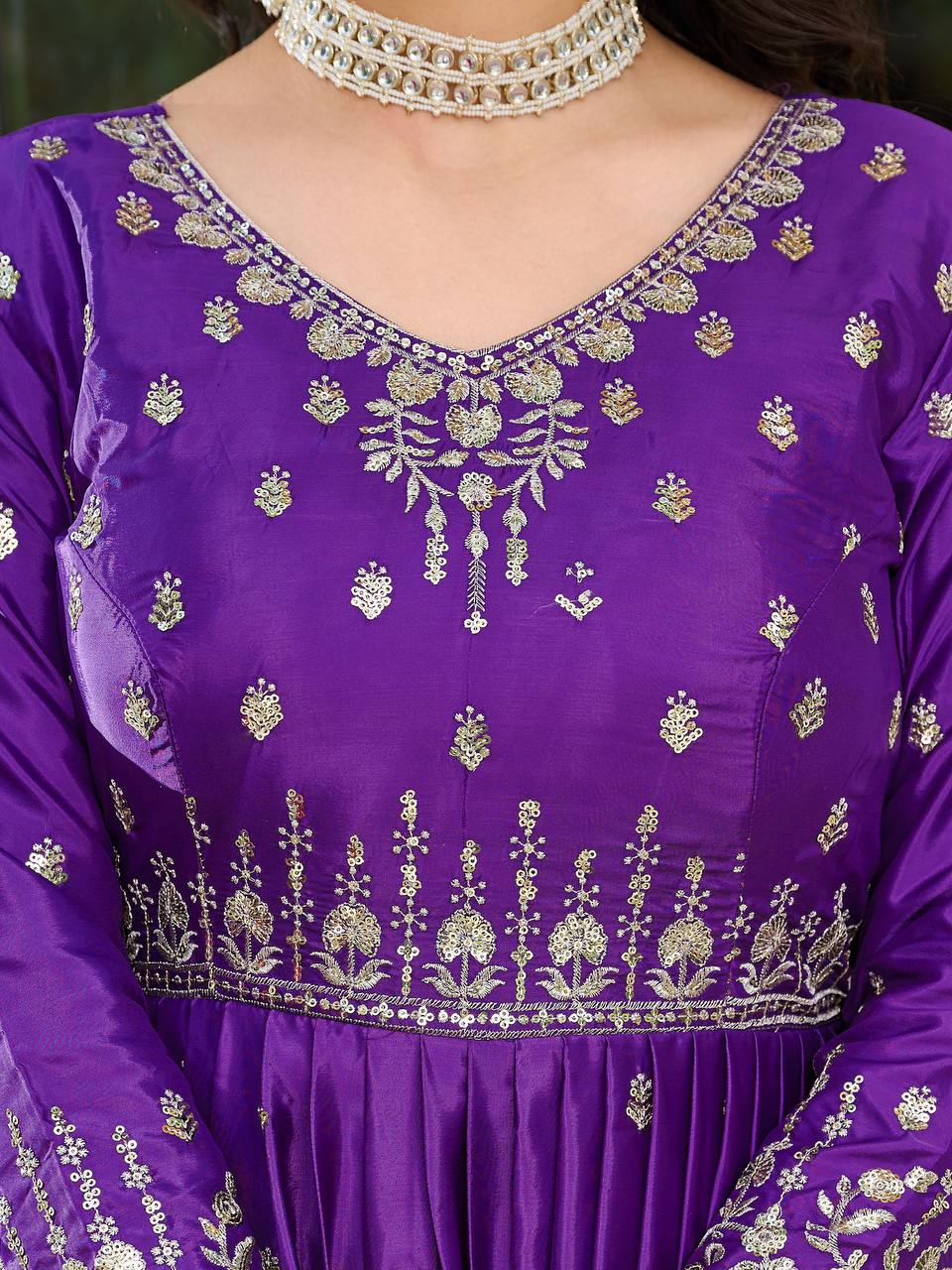 Elegant American Silk Gown with Thread and Sequin Work, Pant and Matching Dupatta - Jaipuri Vastra