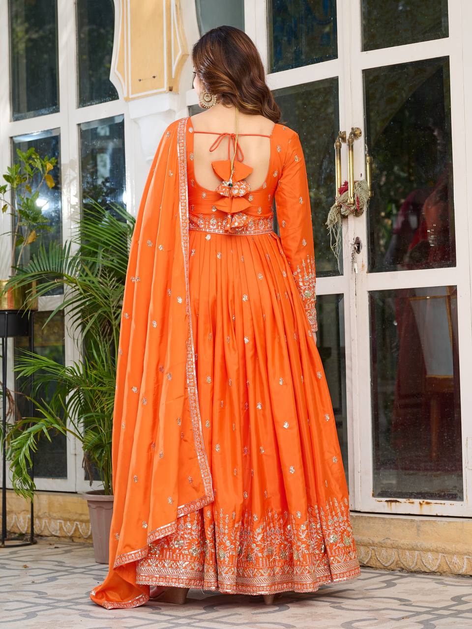 Elegant American Silk Gown with Thread and Sequin Work, Pant and Matching Dupatta - Jaipuri Vastra