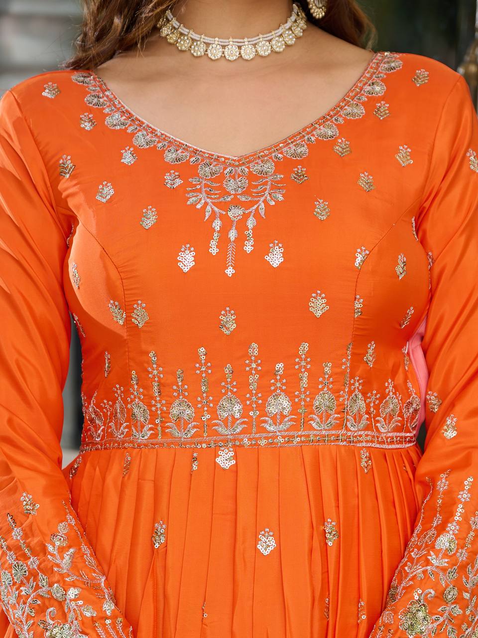 Elegant American Silk Gown with Thread and Sequin Work, Pant and Matching Dupatta - Jaipuri Vastra