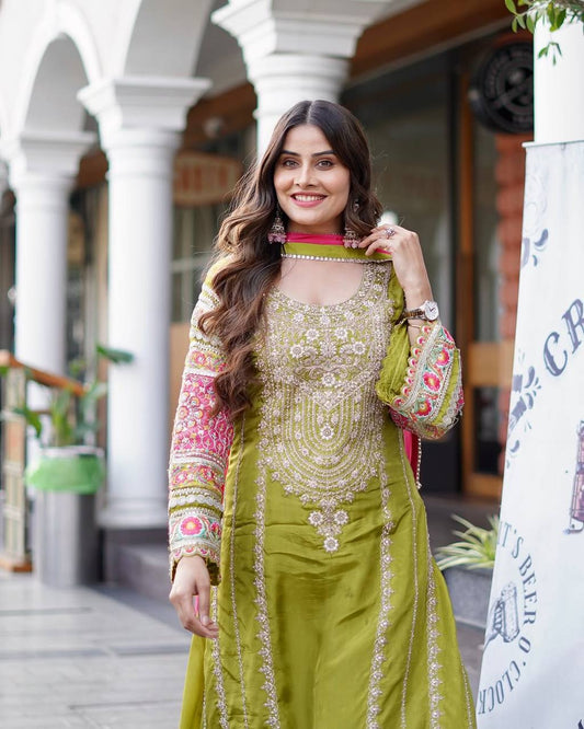 Stylish Designer Suit Set Featuring Mirror and Sequence Embroidery on Vichitra Silk Top and Palazzo - Jaipuri Vastra