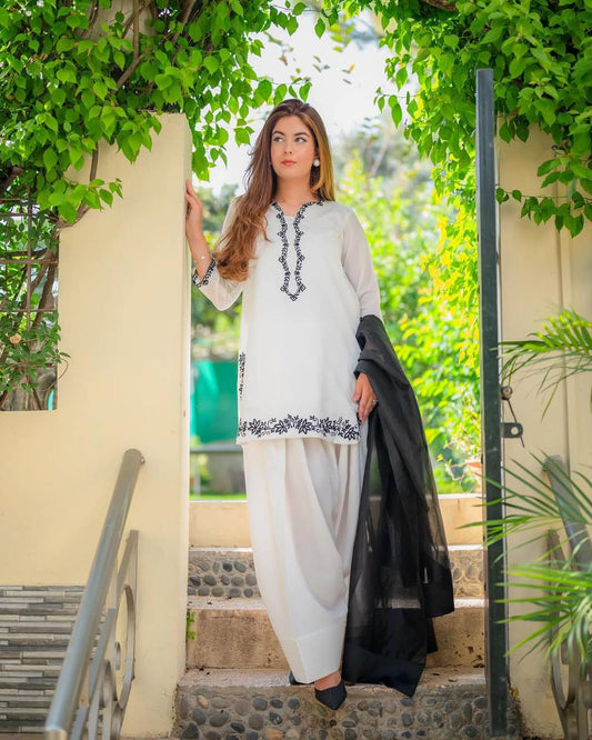 Exclusive Party Wear Farsi Suit Set in Roman Silk with Embroidered Top and Organza Dupatta