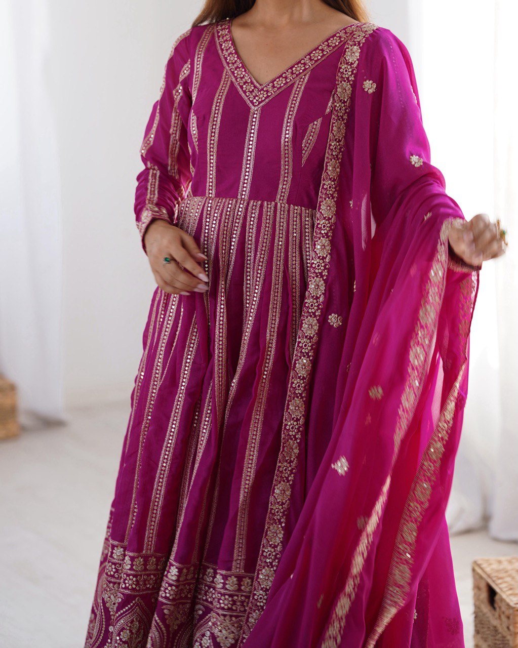 Elegant Star Georgette Embroidered Gown with Plain Pant and Thread Work Dupatta - Jaipuri Vastra