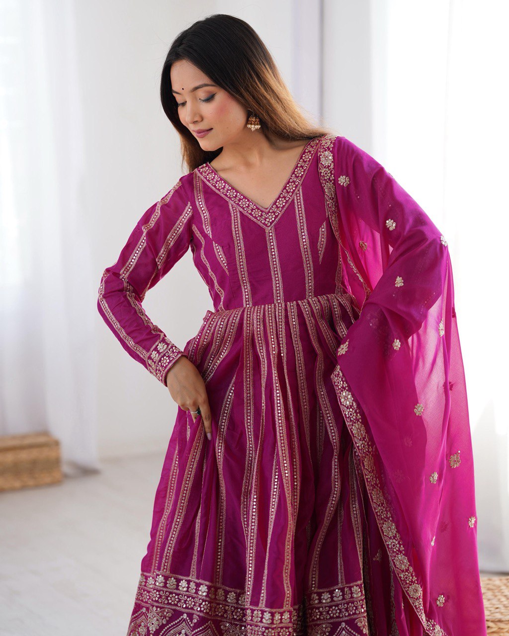 Elegant Star Georgette Embroidered Gown with Plain Pant and Thread Work Dupatta - Jaipuri Vastra