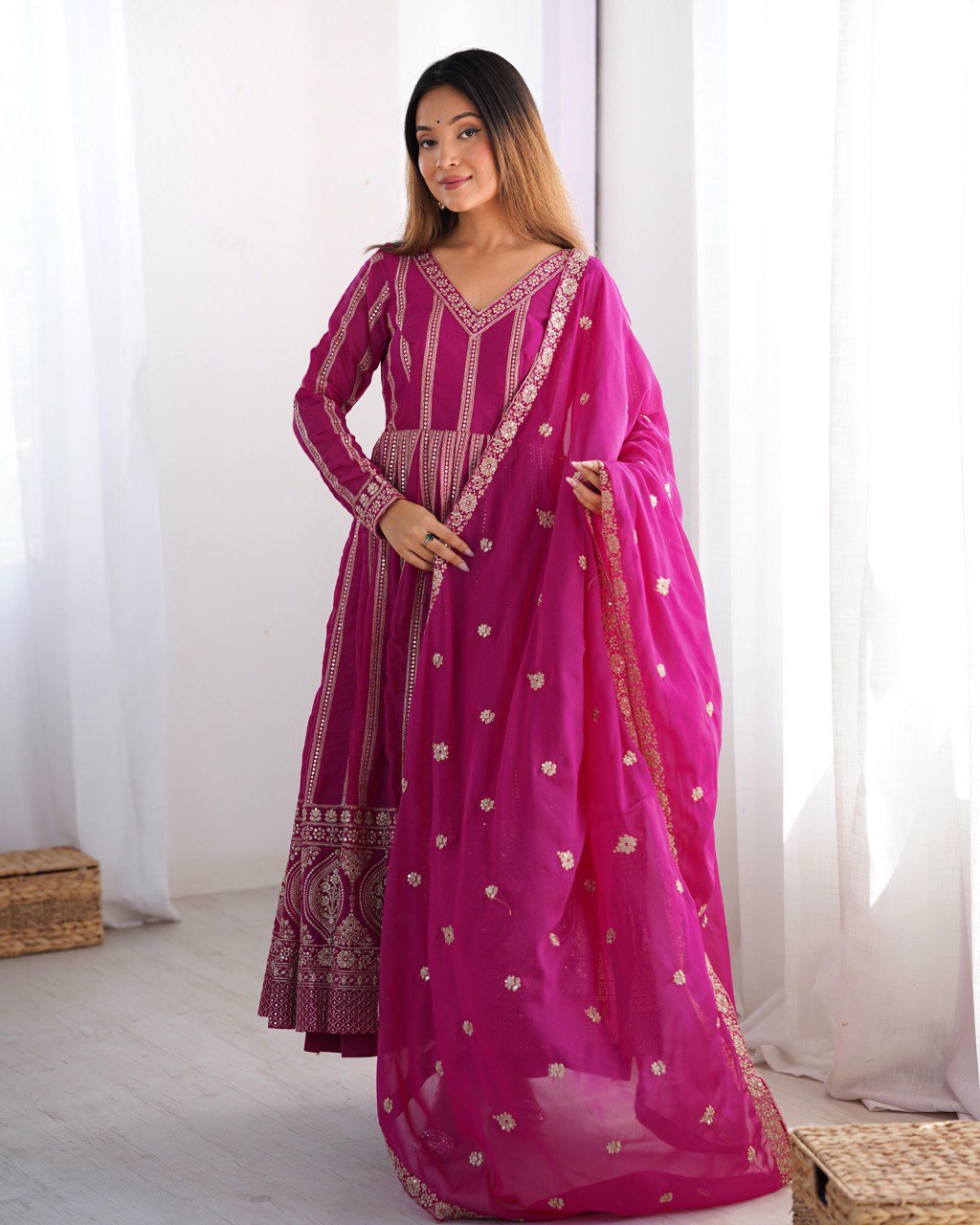 Elegant Star Georgette Embroidered Gown with Plain Pant and Thread Work Dupatta - Jaipuri Vastra