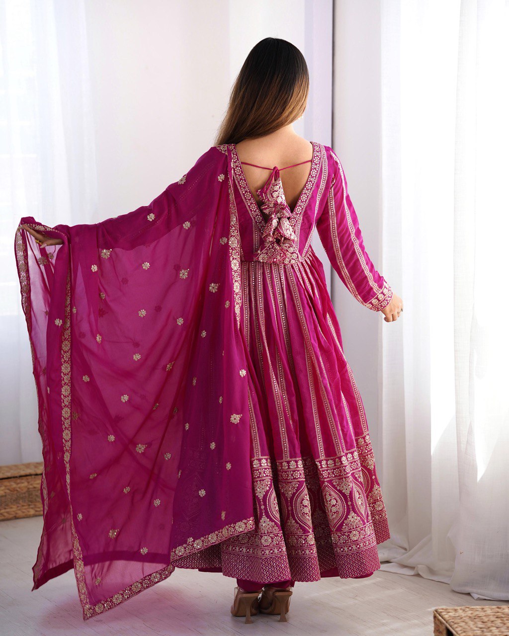Elegant Star Georgette Embroidered Gown with Plain Pant and Thread Work Dupatta - Jaipuri Vastra