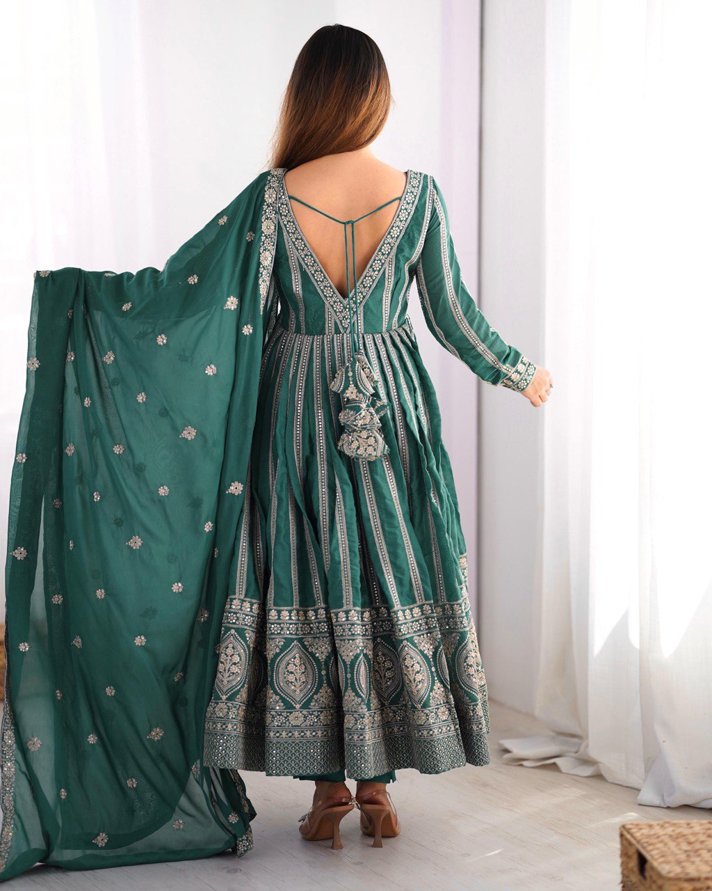 Elegant Star Georgette Embroidered Gown with Plain Pant and Thread Work Dupatta - Jaipuri Vastra
