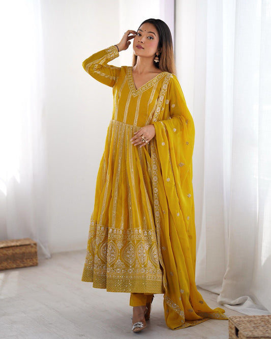 Elegant Star Georgette Embroidered Gown with Plain Pant and Thread Work Dupatta - Jaipuri Vastra