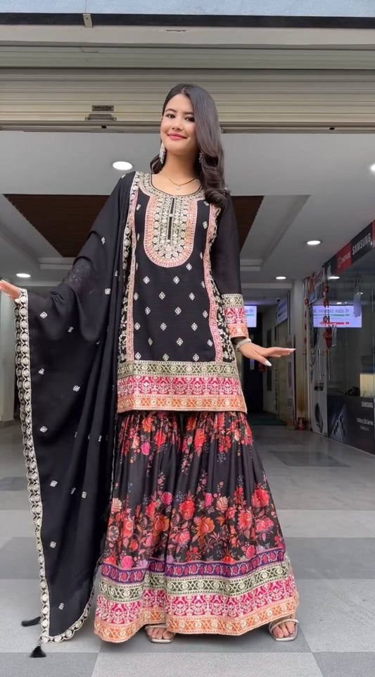 Faux Georgette Palazzo Suit Set with Sequin Embroidery and Digital Print Detailing - Jaipuri Vastra