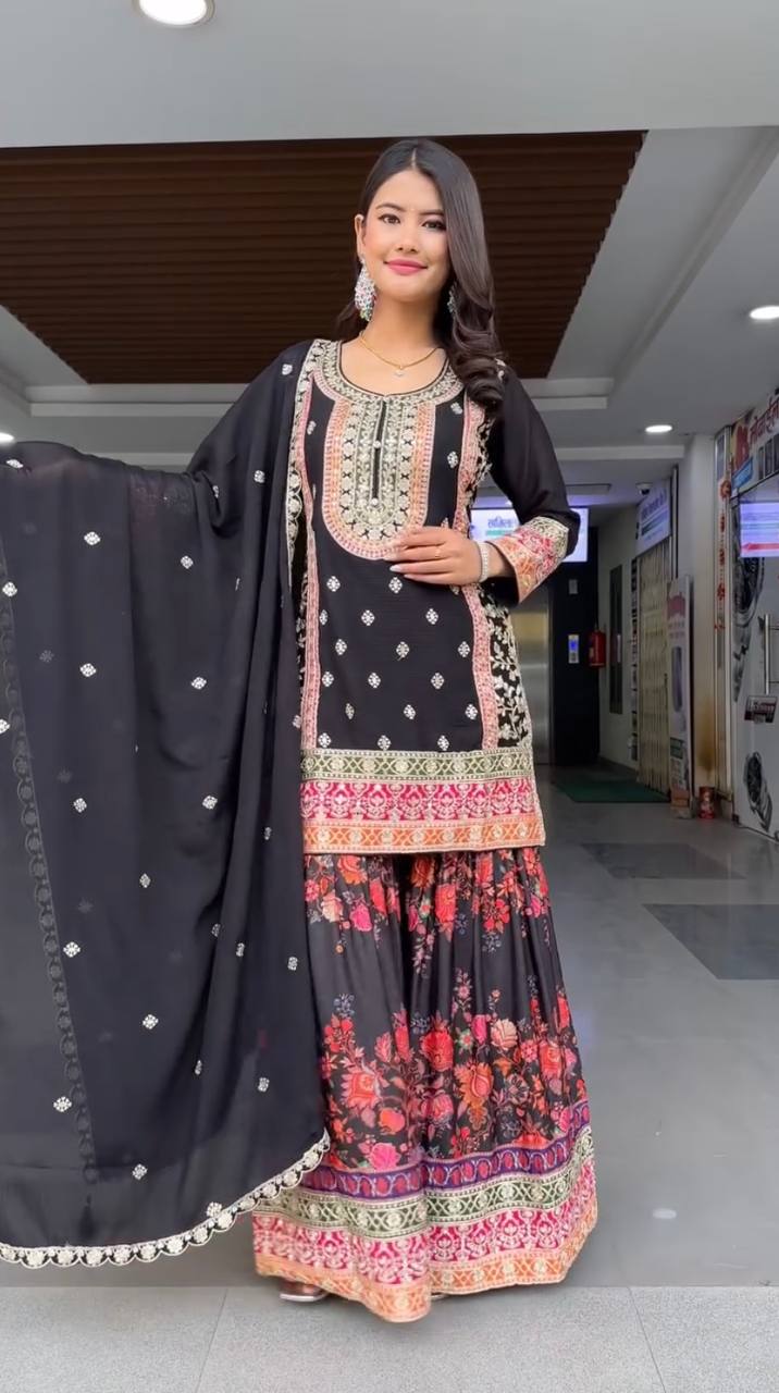 Faux Georgette Palazzo Suit Set with Sequin Embroidery and Digital Print Detailing - Jaipuri Vastra