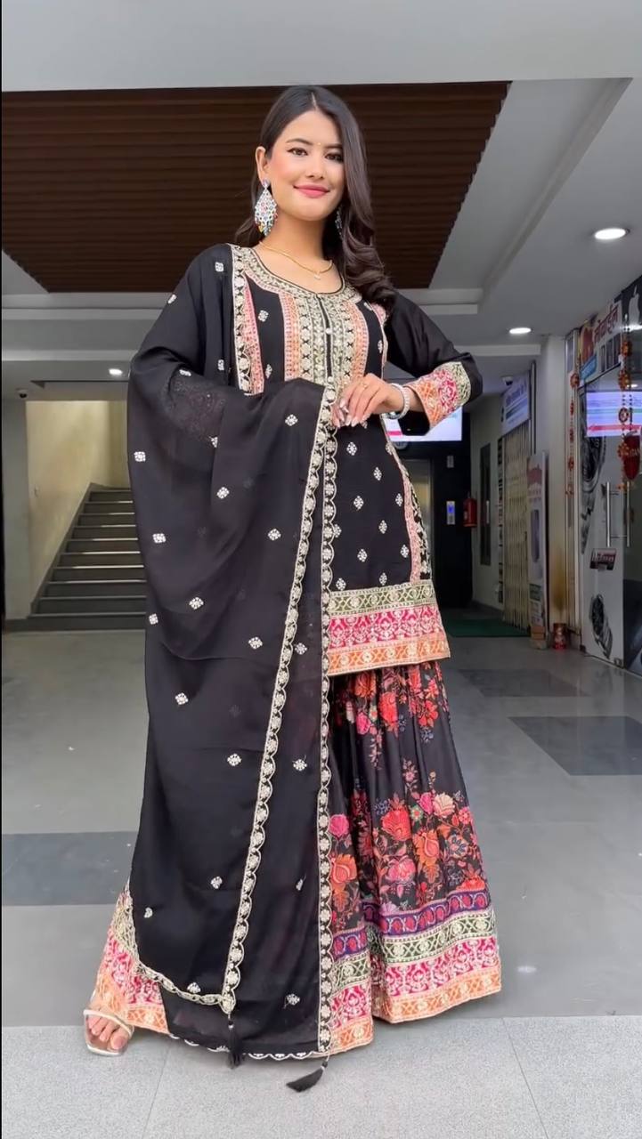 Faux Georgette Palazzo Suit Set with Sequin Embroidery and Digital Print Detailing - Jaipuri Vastra